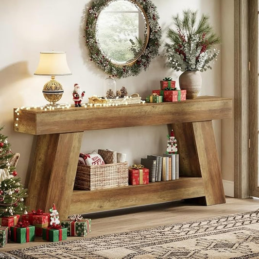 Tribesigns 70.9" Extra Long Console Table, Farmhouse 2-Tier Wooden Sofa Table, Rustic Entryway Tables with Open Storage Shelf for Entrance, Hallway, Living Room (Rustic Brown)