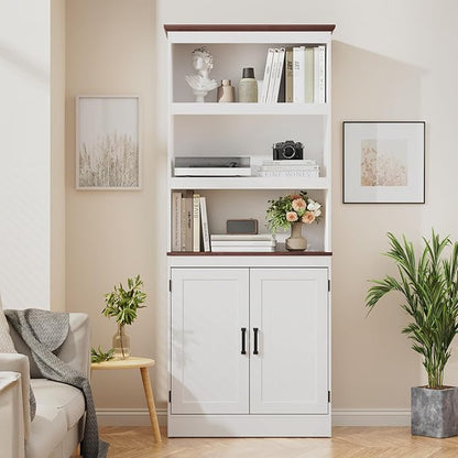 MHOM 71" Tall Bookshelf with Doors, 5 Tiers Farmhouse Bookcase with Adjustable Shelves, Wooden Rustic Display Cabinet for Home Office, Living Room, White