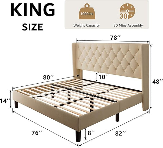 iPormis King Size Platform Bed Frame with Button Tufted Headboard, Upholstered Bed Frame with Solid Wooden Slats, 8" Underbed Space, No Box Spring Needed, Noise Free, Easy Assembly, Beige