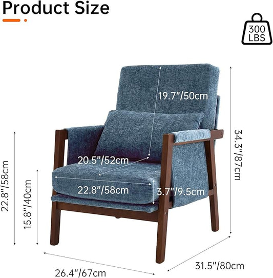 Accent Chair Mid-Century Modern with Lumbar Support Pillow, Upholstered Living Room Chairs with Wooden, Chenille Armchair with Cushion, Anthropologie Side Chair for Bedroom, Navy