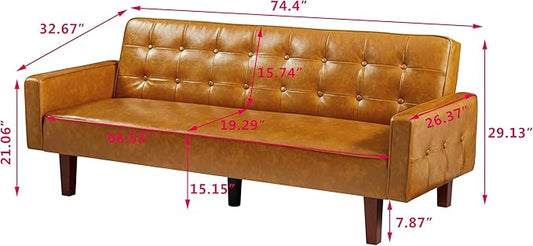 74" Loveseat Sofa with Vintage Button Tufting, Faux Leather Convertible Sleeper Futon Sofa Bed with Spring Cushion and Wood Legs for Apartments, Offices, Reception Areas, Living Rooms, Brown