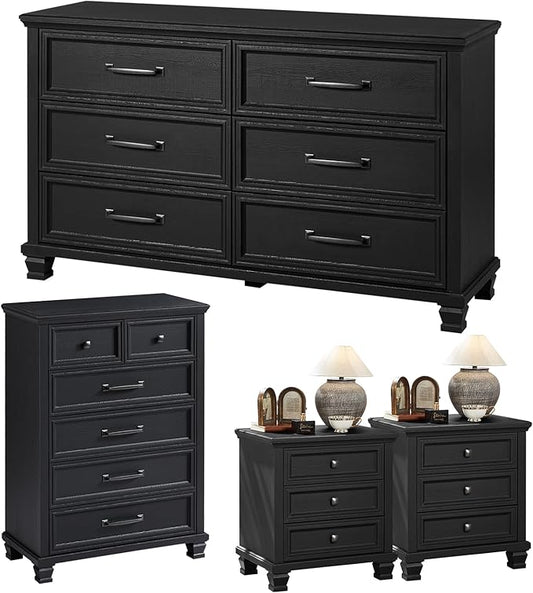 Farmhouse Bedroom Dresser and Nightstand Set of 4, 6 Drawer Tall & Low Dresser & 3 Drawer Nightstand Set with Wooden Legs, Rustic Wood Bedroom Furniture Sets for Livingroom, Hallway, Black