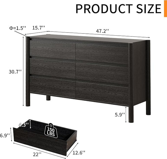 Dresser for Bedroom with 6 Drawers,47" Wide Oak Dresser with 4 Solid Wood Legs, Wooden TV Stand,Closet Clothes Organizer for Bedroom, Hallway