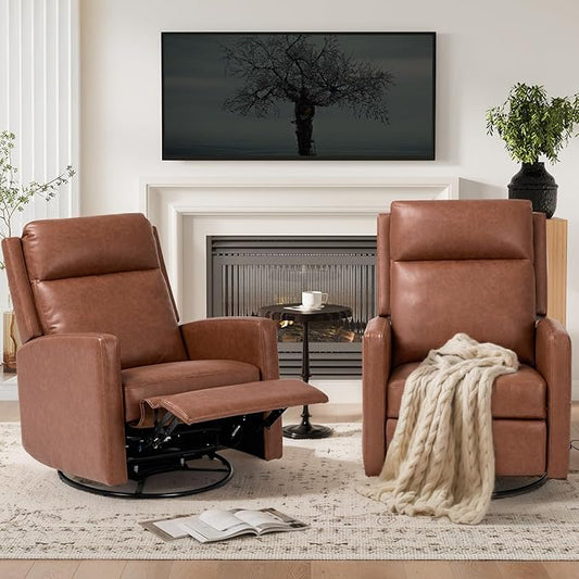 COLAMY Recliner Chair Set of 2, PU Leather 360° Swivel Rocker Recliner, Nursery Glider Recliner with Ergonomic High Backrest and Upholstered Deep Seat for Living Room, Bedroom, Color Cocoa