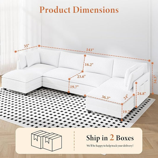 Vesgantti 143" U Shaped Sectional Modular Couch, Comfy Corduroy Upholstered Modular Cloud Sofas for Living Room, Modern Sectional Sofa with 2 Ottoman Deep Seat, Warm White