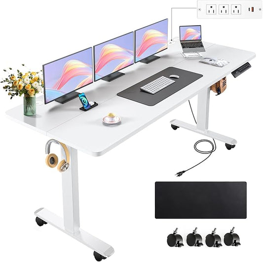 farexon Electric Standing Desk Adjustable Height, 63 x 24In with Outlets and USB Ports, Stand up Desk with 39x18in Mouse Pad, Dual Beam Structure, 4 Wheels,4 Memory Heights Easy to Set(White)