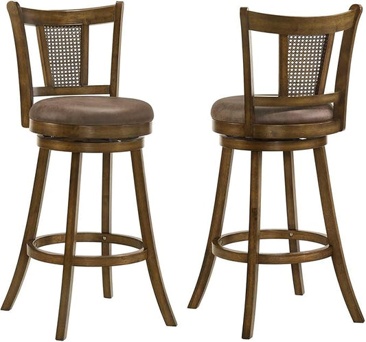 COSTWAY Barstools Set of 2, 30” Solid Rubber Wood Swivel Bar Chairs with Faux Leather Seat, Curved PE Rattan Back, for Living Room & Kitchen Island, Brown (2, 30” Seat Height)