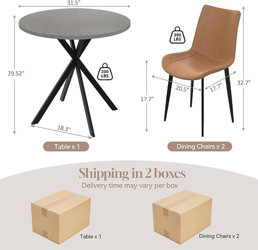 31.5" Round Dining Table and Chairs Set for 2, Small Dining Table Chairs Set Space-Saving, Small Dinette Sets for 2 for Kitchen Dining Room Apartment(Gray Table +Brown Chairs)