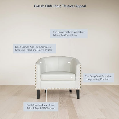 BELLEZE Accent Barrel Chair, Modern Tub Club Chair Upholstered Armchair for Living Room, Faux Leather Chair with Gold Nail Head Trim Black Legs - Kyara (White)