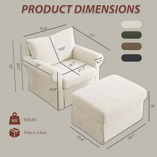 Modern Accent Chairs with Ottoman Set, Comfy Chenille Reading Armchair with Rolled Arms and Cushion Backrest, 35.8" W Single Living Room Chairs for Bedroom, Study, Apartment, Beige