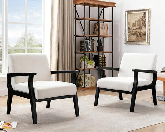 HNY Mid Century Modern Accent Chairs Set of 2 with Black Wood Frames, Linen Upholstered Living Room Arm Chairs for Living Room, Bedroom, Ivory