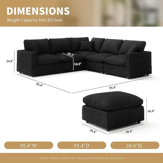 Modern Sectional Linen Couch for Living Room V-Shape Sofas,6 Seat Modular Cloud Sofas with Ottoman,Couches Cushion Covers Removable,Cozy Feather Down Sofa for Apartment Black