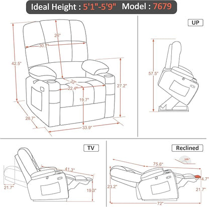 MCombo Medium Lay Flat Dual Motor Power Lift Recliner Chair Sofa with Massage and Heat for Elderly People, Infinite Position, Faux Leather 7679 (Dark Brown, Medium)