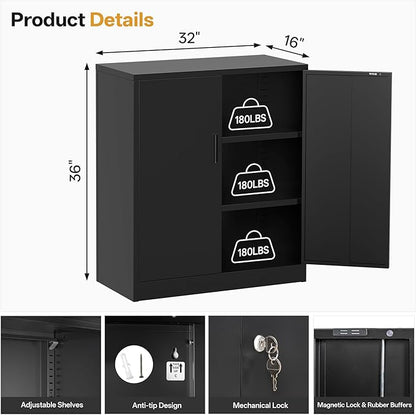 Metal Storage Cabinet 36" H,Steel Locking Cabinet with 2 Lockable Doors and 2 Adjustable Shelves Easy to Assemble for Home Office, Garage,School, Apartment, Warehouse, Utility Room,Black