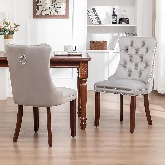 Velvet Dining Chairs Set of 2, Tufted Dining Room Chairs with Nailhead Ring Pull Trim, Upholstered Dining Chairs with Solid Wood Legs for Kitchen Dining Room (Light Grey)