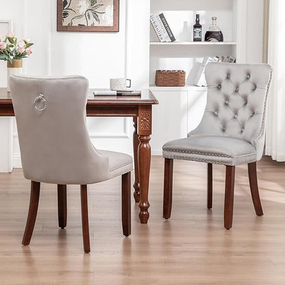 Velvet Dining Chairs Set of 2, Tufted Dining Room Chairs with Nailhead Ring Pull Trim, Upholstered Dining Chairs with Solid Wood Legs for Kitchen Dining Room (Light Grey)