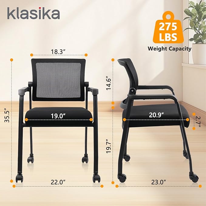 Office Guest Chairs No Wheels | Ergonomic Lumbar Support and Thicked Seats Cushion, Desk Chair with Adjustable Mesh Back for Waiting Room School Church Reception，Black 2PK