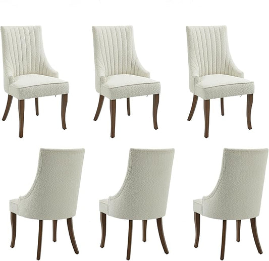 mikibama Boucle Dining Chairs Set of 6 Channel Tufted Kitchen Dinner Chair Comfy Teddy Fabric Upholstered Accent Chair for Dining Room with Solid Wood Legs (Off White 6pc)