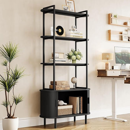 71" Tall Fluted Bookshelf with Sliding Tambour Doors, 4-Tier Mid Century Modern Metal Bookcase Cabinet w/Open Display Storage Shelf, Display Cabinet for Office, Living Room Black
