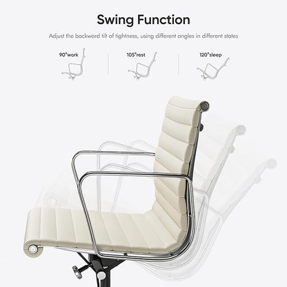 Ribbed Office Chair with Top Grain Leather - Mid Back Ergonomic Desk Chair with Aluminum Arms & Frame, Swivel Wheels & Tilt Function, Adjustable Height
