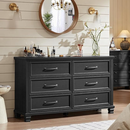 Farmhouse Black Bedroom Sets of 4, Includes 6 Drawer Large Dresser, Vintage Night Stand with 3 Drawers, Small 5 Chest of Drawers, Wood Rustic Dresser & Nightstand Set for Home, Living Room