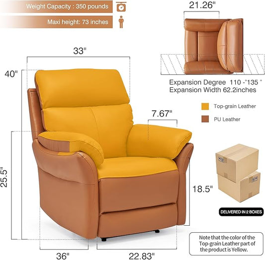 AIRSKY Genuine Leather Recliner Chair, Top Grain Leather, Italian Water-Washing Process, Wall Hugger Recliner Chair, for Living Room, Theater Seating, Bedroom. R1, Orangish Yellow