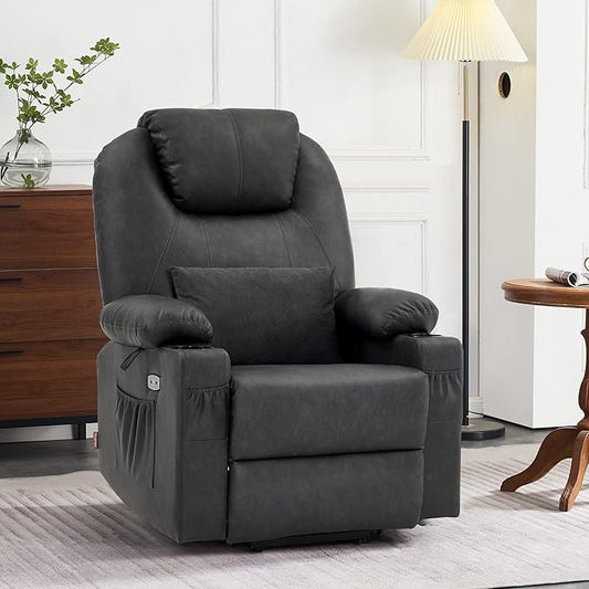 MCombo Dual Motor Large Power Lift Recliner Chair for Elderly, Lay Flat Lift Chair with Heat and Massage, Big Lift Recliner for Tall People, Faux Leather 7815 (Grey, Large)