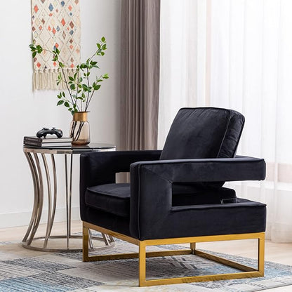 Modern Accent Chair, Velvet Upholstered Side Chair with Backrest, Comfy Armchair Side Chair with Golden Metal Base for Living Room Reception Room, 1PC, Black