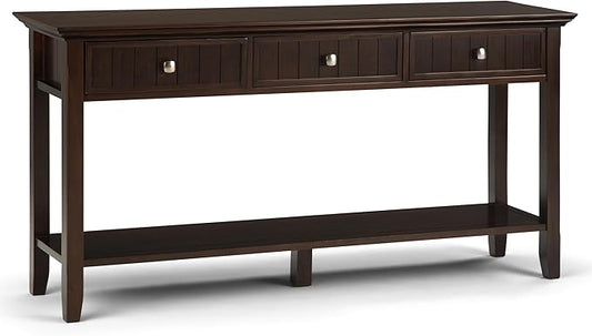 SIMPLIHOME Acadian Console Table - 60 Inch Wide Solid Wood Sofa Table in Brunette Brown, Transitional Storage Table for Entryway or Living Room with 3 Drawers and Open Bottom Shelf