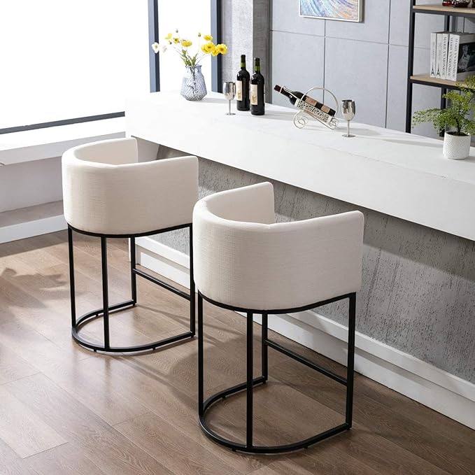 Contemporary Cream Linen Bar Stools Set of 4, 29" Upholstered Fabric Counter Height Barstools Kitchen Counter Island Stools with Screwed Together Black Metal Base