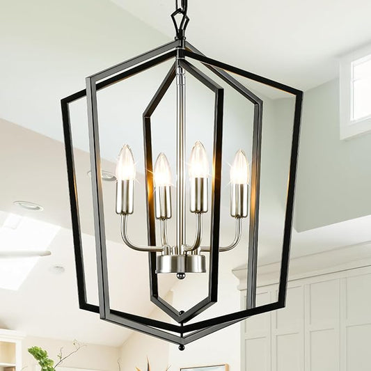 4-Light Farmhouse Chandelier for Dining Room, Modern Foyer Lighting Fixture, 18.1" Lantern Pendant Light, Kitchen Island Hanging Pendant Light Fixture, for Bedroom, Entryway Hallway