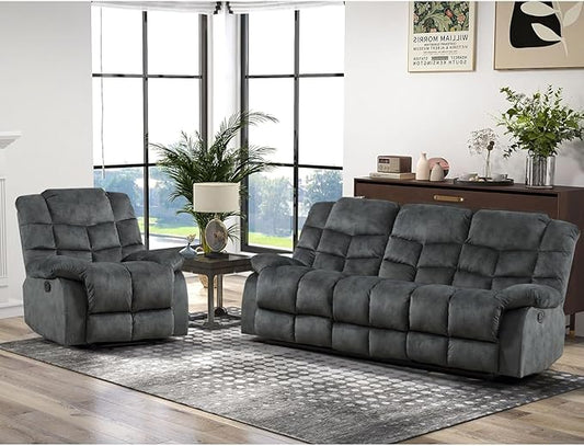 CANMOV Manual Reclining Sofa Set,2 Pieces Sofa Furniture Set for Living Room, Manual Recliner Sofa and Recliner Chair with Arms for Living Room, Bedroom, Grey(1+3)