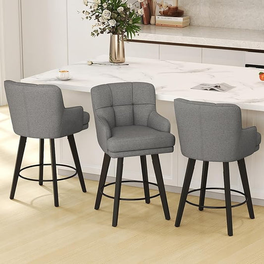 360°Swivel Counter Height Bar Stools with Back, 26 inch Solid Wood Legs, Bar Stool Modern Kitchen Island Chairs, Fabric (Mid-Grey- Fabric, 26" H- Set of 3)