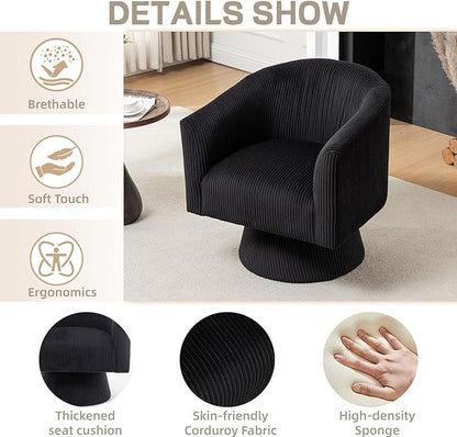 Swivel Accent Chair Set of 2, Modern 360° Swivel Barrel Chair, Corduroy Upholstered Single Sofa for Living Room, Bedroom(Black)