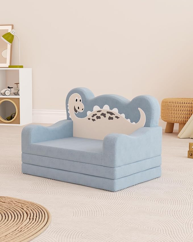 YACODAVO 2-in-1 Kids Couch Fold Out, Convertible Toddler Couch to Lounger, Toddler Chair Comfy, Kids Sofa for Girls and Boys, Gift for Birthday, Children's Day, Dinosaur Blue