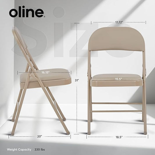 Oline Vinyl Folding Chairs, Padded Vinyl Cushion Chairs with Durable Metal Frame, Indoor Outdoor Stackable Foldable Guest Chairs for Office Wedding Kitchen Dining, 300lb Capacity (Khaki, 2 Pack)