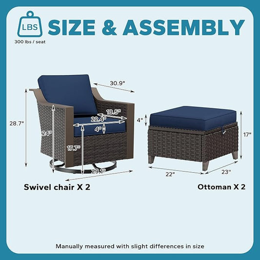Patio Metal Wicker Swivel Chairs with Ottomans Set of 2, Conversation Furniture Set - 360 Degree Glider Rocker Chairs | 2 Wicker Ottomans, Washable Cushions, Metal armrests (Navy Blue)