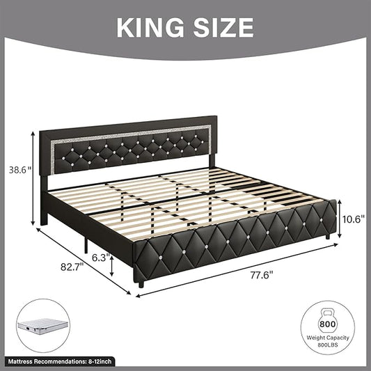 BarnFurin King Size Bed Frame and Headboard, Faux Leather Upholstered Bed with Diamond Tufted Design, Modern Platform Bed Frame with Wooden Slats Support, No Box Spring Required, Easy Assembly, Black