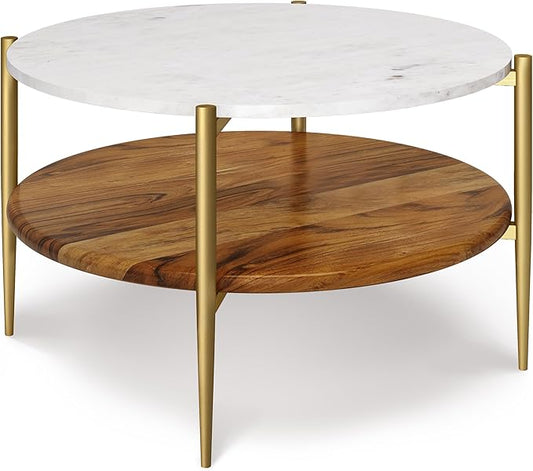 SIMPLIHOME Wagner Coffee Table - 30 inch Wide Solid Acacia Wood and Genuine Marble Round Living Room Table in White and Natural, Mid-Century Modern Table for Family Room with Gold Metal Base and Legs