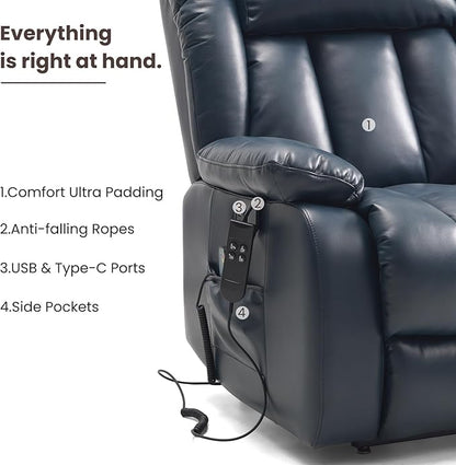 PARKOL Dual Motor Power Lift Recliner Chair for Elderly, 180-Degree Infinite Position Lay Flat Leather Recliner Chairs, with Massage and Heating, USB & Type-C Port and Remote (Dark Blue, Medium)