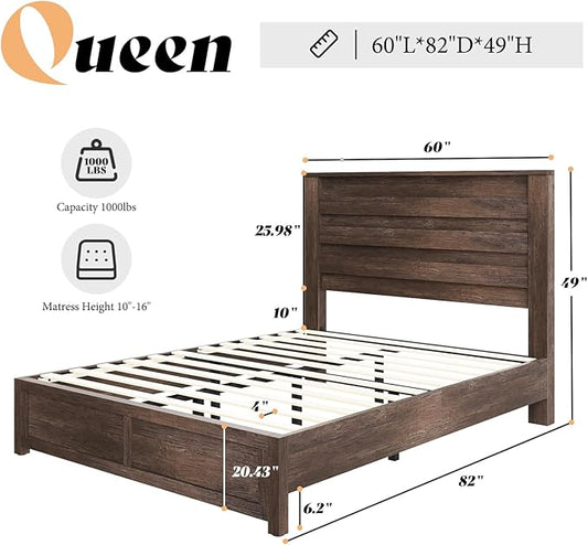 AMERLIFE Farmhouse Queen Size Bed Frame with 49" Fluted Headboard, Wood Platform Bed with Natural Grain, No Box Spring Needed, Noise Free, Grey
