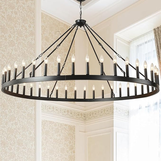 64 Inch Extra Large Black Wagon Wheel Chandelier 42-Light Farmhouse Wagon Wheel Chandeliers Round Industrial Ceiling Light fixtures for Outdoor Porch high Ceilings Living Dining Room Foyer Entryway