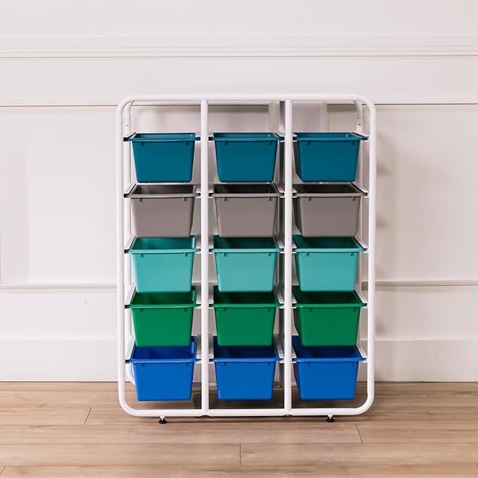 ECR4Kids 5-Tier Storage Rack with 15 Cubby Bins 5x3, Multipurpose Organization, Contemporary