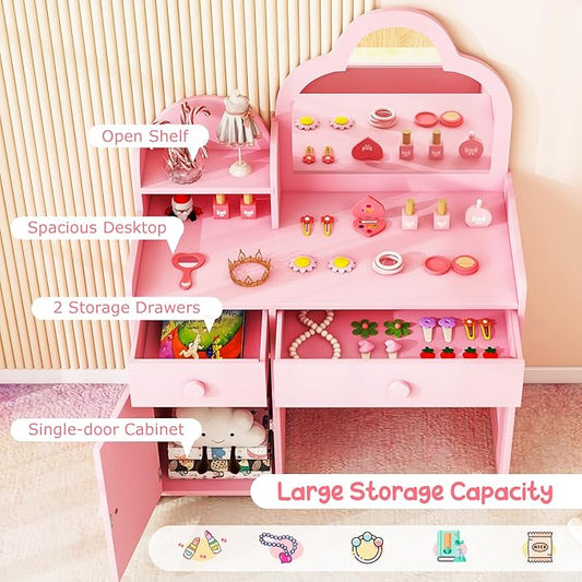 Costzon Kids Vanity, 2 in 1 Girls Vanity Set with Mirror, Drawers, Storage Shelf & Cabinet, Toddler Makeup Desk Dressing Table, Kids Vanity Table and Chair Set for Little Girls (Pink)
