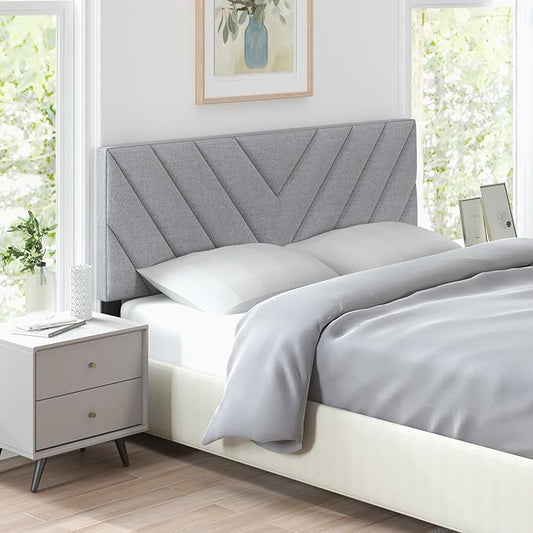 KOMFOTT Linen Fabric Upholstered Headboard for Full/Queen Size Bed, Rectangular Headboard with Solid Wood Legs & Adjustable Width, Padded Full/Queen Bed Headboard, Easy Assembly, Gray