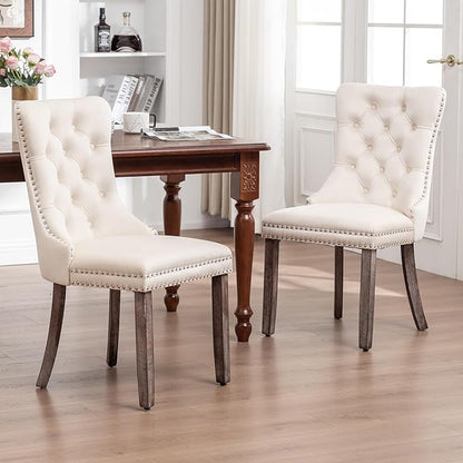 Velvet Dining Chairs Set of 6, Upholstered Dining Room Chairs with Nailhead Ring Pull Trim, Button Tufted Wing Back Chairs for Dining with Solid Wood Legs for Kitchen Dining Room(Beige)