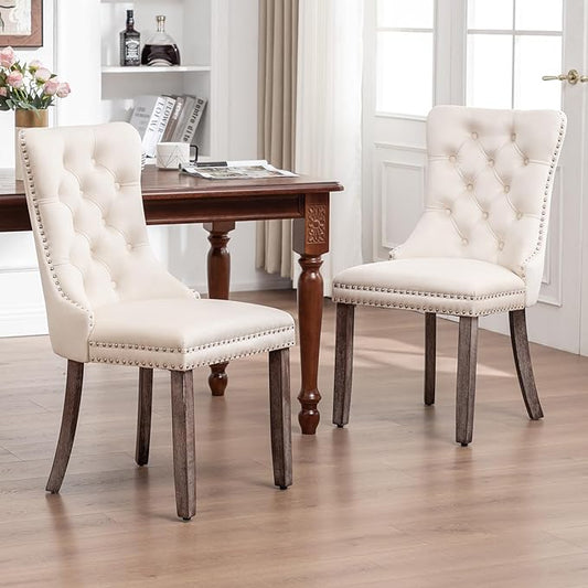Velvet Dining Chairs Set of 4, Upholstered Dining Room Chairs with Nailhead Ring Pull Trim, Button Tufted Wing Back Chairs for Dining with Solid Wood Legs for Kitchen Dining Room(Beige)