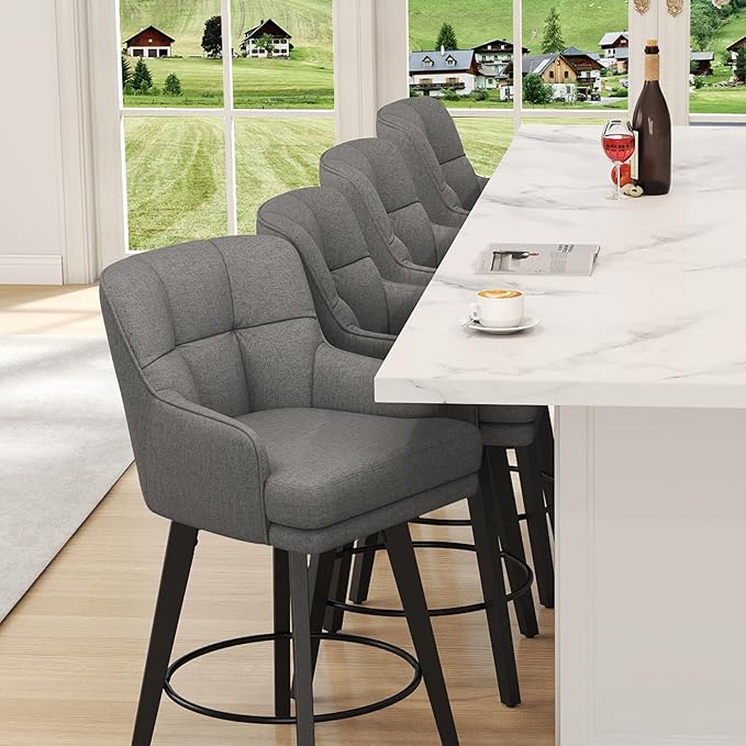 360°Swivel Counter Height Bar Stools with Back, 30 inch Solid Wood Legs, Bar Stool Modern Kitchen Island Chairs, Fabric (Mid-Grey- Fabric, 30" H- Set of 2)