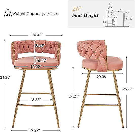 VECELO Bar Stools Set of 2, Counter Height Bar Stools, 26 inch Seat Barstools with Woven Back and Footrest for Kitchen Island Counter, Pink