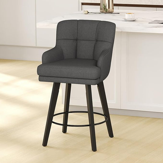 360°Swivel Counter Height Bar Stools with Back, 26 inch Solid Wood Legs, Bar Stool Modern Kitchen Island Chairs, Fabric (Black Grey- Fabric, 26" H- Set of 1)